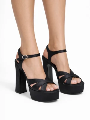 Kadın Platform Topuklu Ayakkabı Üç Bant Lena Siyah Saten