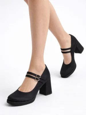 Kadın Mary Jane Topuklu Ayakkabı Sailor Siyah Saten