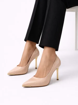 Kadın Stiletto Sivri Burun Topuklu Ayakkabı Phanton Pudra Rugan
